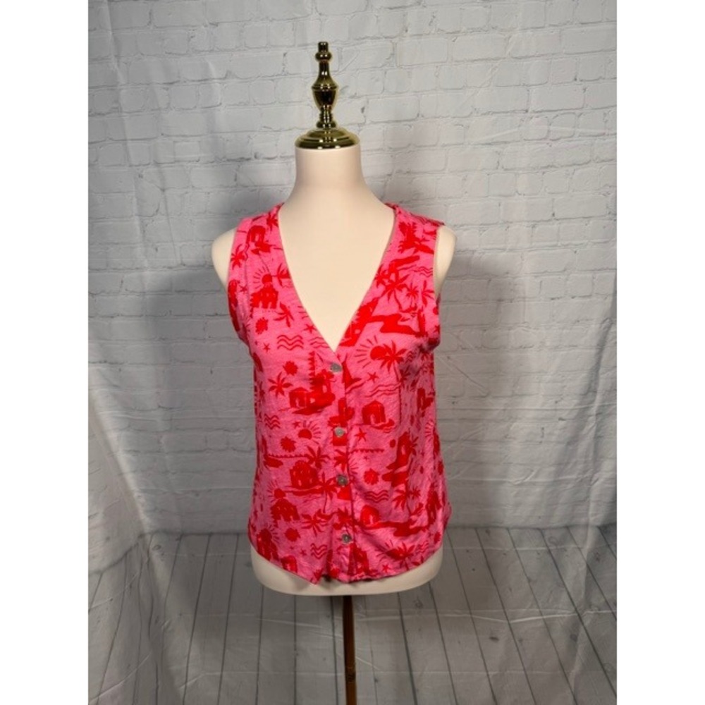 NWT Cynthia Rowley Pink Tropical Print‎ Linen Blend Tank Women's M Button Front
